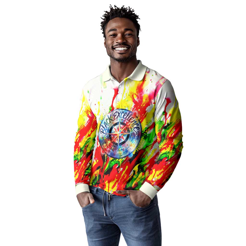 MLK Black Excellence Long Sleeve Polo Shirt Martin Luther King Jr Colorful Abstract Watercolor