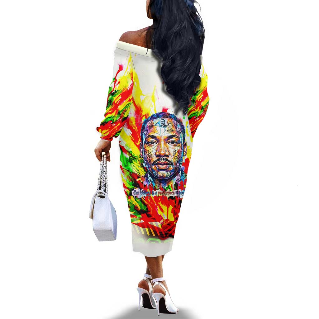 MLK Black Excellence Off The Shoulder Long Sleeve Dress Martin Luther King Jr Colorful Abstract Watercolor