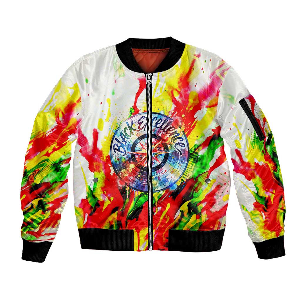 MLK Black Excellence Sleeve Zip Bomber Jacket Martin Luther King Jr Colorful Abstract Watercolor