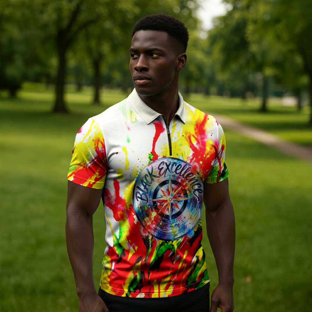 MLK Black Excellence Zipper Polo Shirt Martin Luther King Jr Colorful Abstract Watercolor