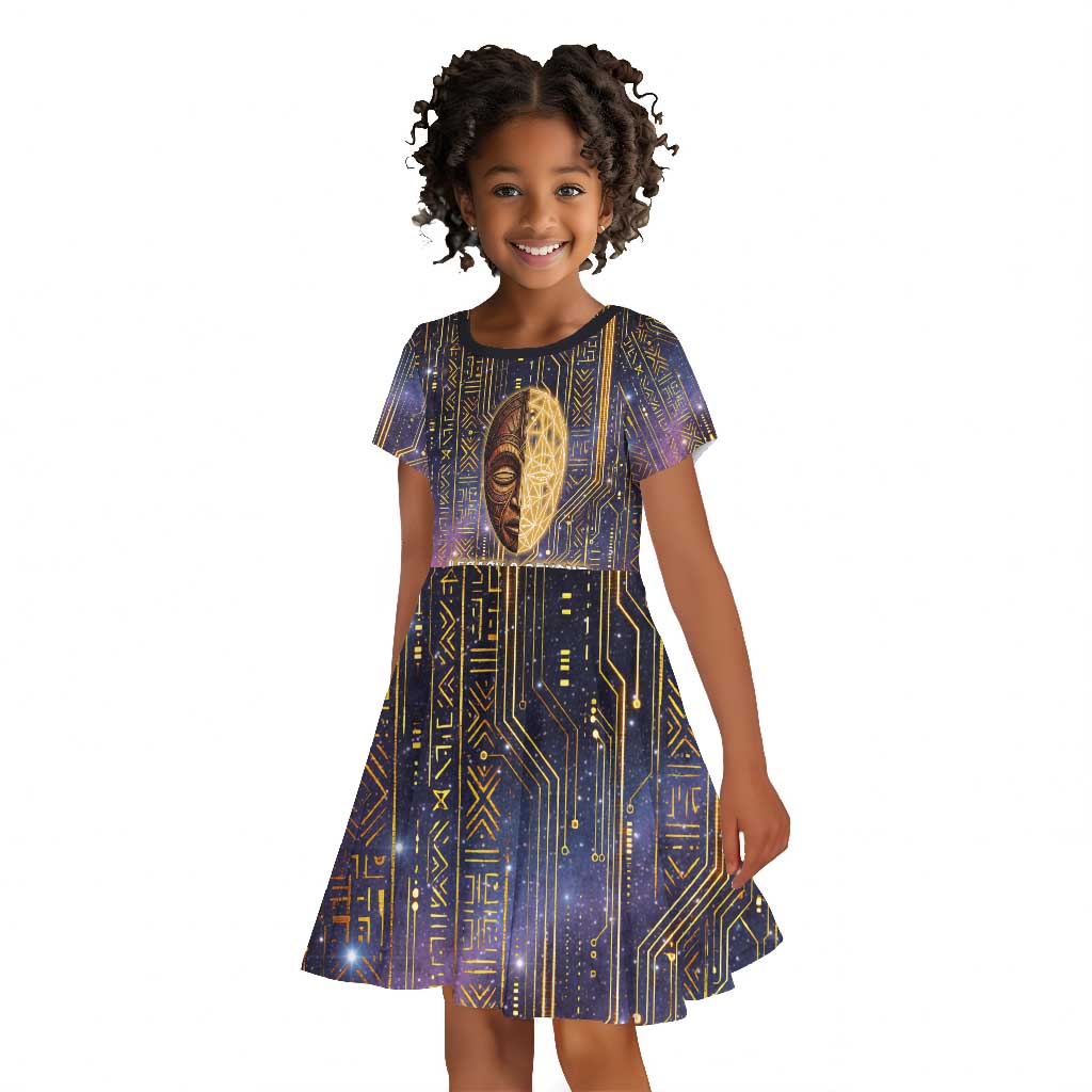 Afrofuturism Legacy Beyond Kid Short Sleeve Dress African Astronaut Galaxy Mask