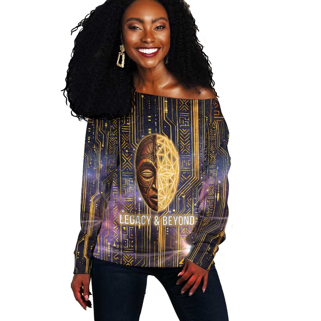 Afrofuturism Legacy Beyond Off Shoulder Sweater African Astronaut Galaxy Mask