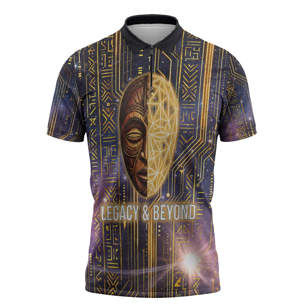 Afrofuturism Legacy Beyond Zipper Polo Shirt African Astronaut Galaxy Mask
