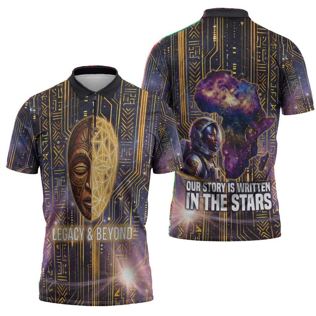 Afrofuturism Legacy Beyond Zipper Polo Shirt African Astronaut Galaxy Mask