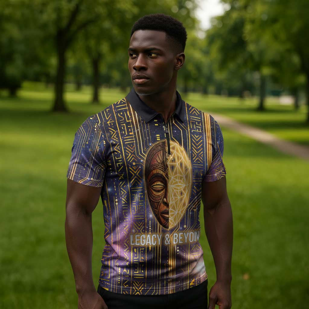 Afrofuturism Legacy Beyond Zipper Polo Shirt African Astronaut Galaxy Mask
