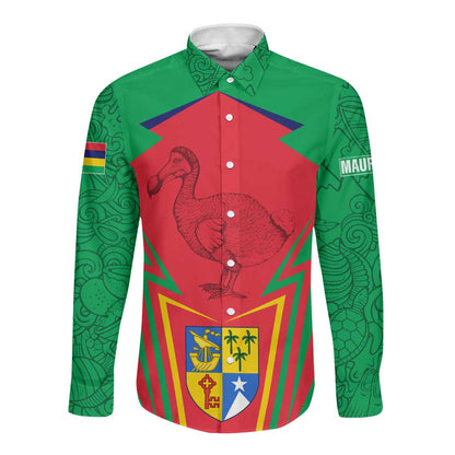 Mauritius Dodo Long Sleeve Button Shirt Flag Coat of Arms Traditional Patterns