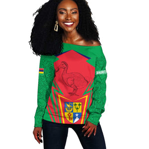 Mauritius Dodo Off Shoulder Sweater Flag Coat of Arms Traditional Patterns
