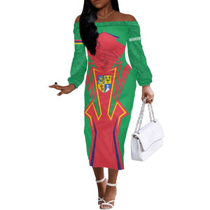 Mauritius Dodo Off The Shoulder Long Sleeve Dress Flag Coat of Arms Traditional Patterns