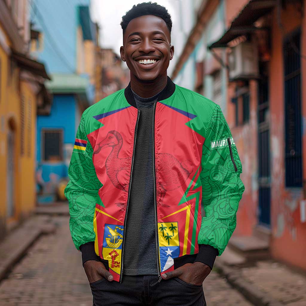 Mauritius Dodo Sleeve Zip Bomber Jacket Flag Coat of Arms Traditional Patterns