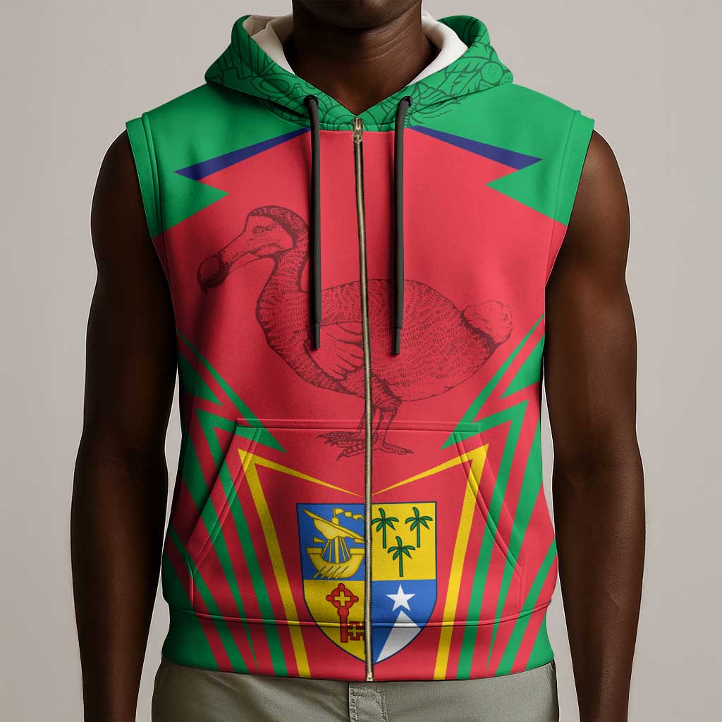 Mauritius Dodo Sleeveless Zip Hoodie Flag Coat of Arms Traditional Patterns - African Pride
