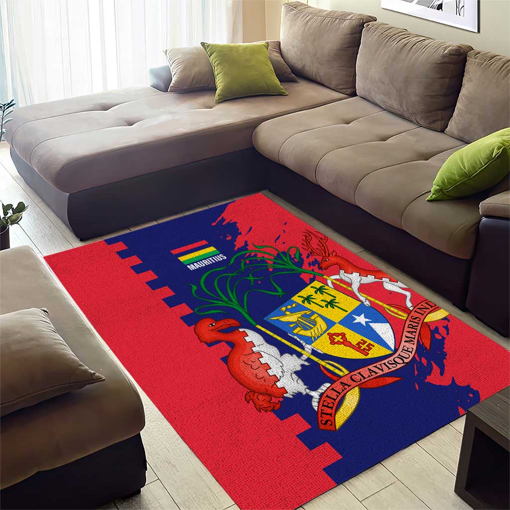 Afro Mauritius Area Rug Map Design with Flag Coat of Arms