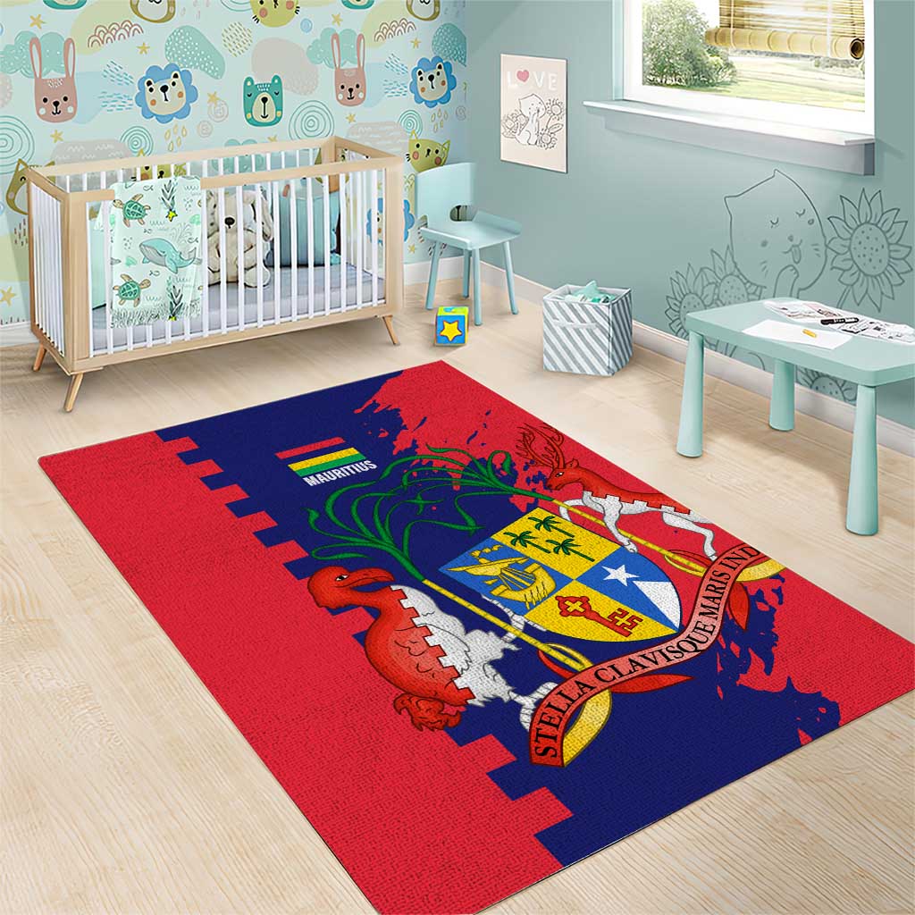 Afro Mauritius Area Rug Map Design with Flag Coat of Arms