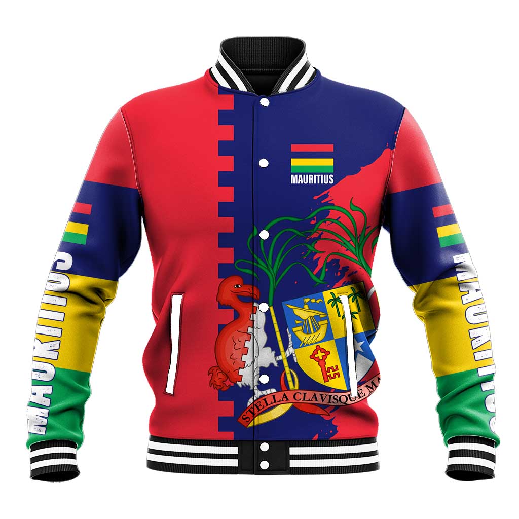Afro Mauritius Baseball Jacket Map Design with Flag Coat of Arms