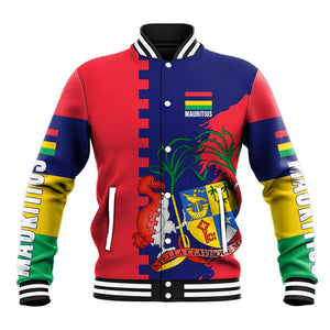 Afro Mauritius Baseball Jacket Map Design with Flag Coat of Arms