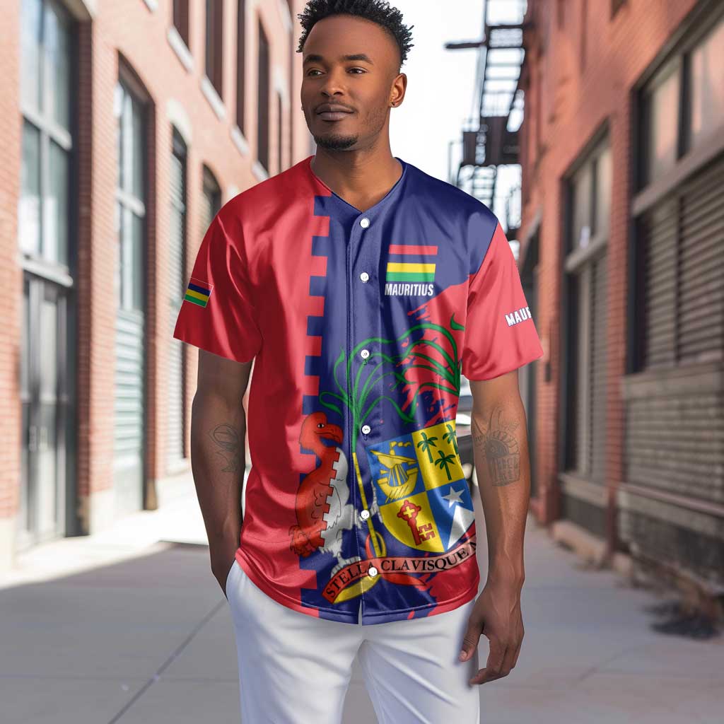 Afro Mauritius Baseball Jersey Map Design with Flag Coat of Arms