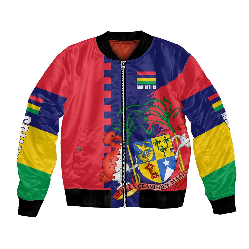 Afro Mauritius Bomber Jacket Map Design with Flag Coat of Arms