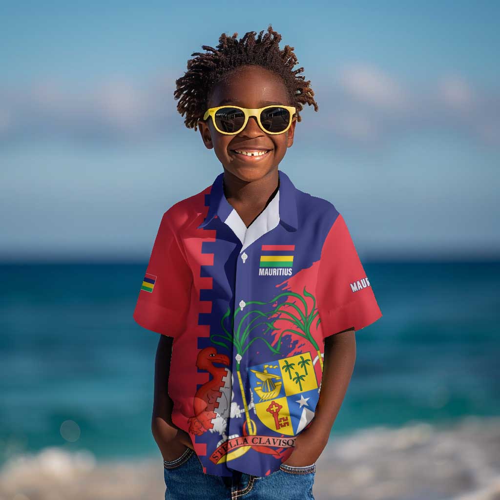 Afro Mauritius Kid Hawaiian Shirt Map Design with Flag Coat of Arms