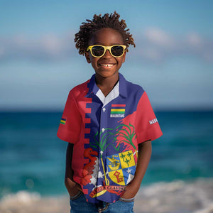 Afro Mauritius Kid Hawaiian Shirt Map Design with Flag Coat of Arms