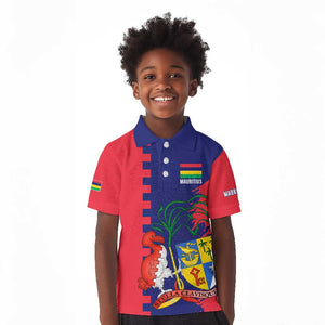 Afro Mauritius Kid Polo Shirt Map Design with Flag Coat of Arms