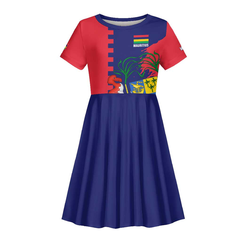 Afro Mauritius Kid Short Sleeve Dress Map Design with Flag Coat of Arms