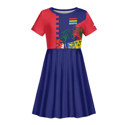 Afro Mauritius Kid Short Sleeve Dress Map Design with Flag Coat of Arms