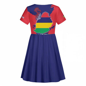 Afro Mauritius Kid Short Sleeve Dress Map Design with Flag Coat of Arms