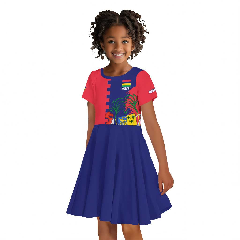 Afro Mauritius Kid Short Sleeve Dress Map Design with Flag Coat of Arms