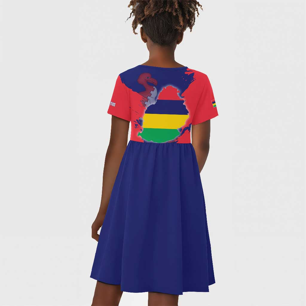 Afro Mauritius Kid Short Sleeve Dress Map Design with Flag Coat of Arms