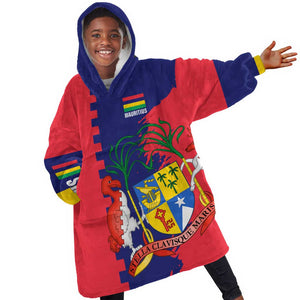 Afro Mauritius Kid Wearable Blanket Hoodie Map Design with Flag Coat of Arms