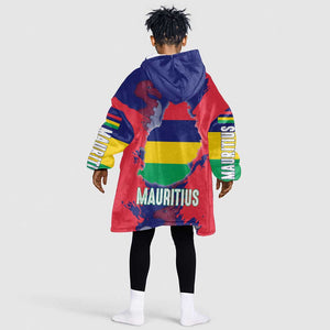 Afro Mauritius Kid Wearable Blanket Hoodie Map Design with Flag Coat of Arms