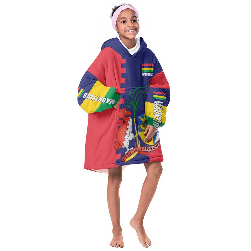 Afro Mauritius Kid Wearable Blanket Hoodie Map Design with Flag Coat of Arms