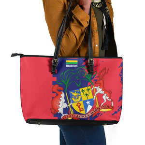 Afro Mauritius Leather Tote Bag Map Design with Flag Coat of Arms
