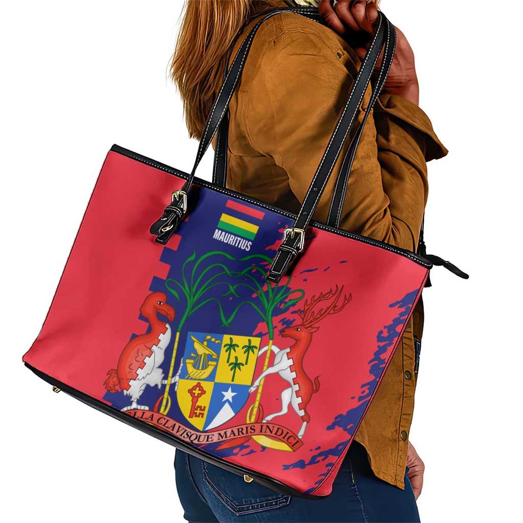 Afro Mauritius Leather Tote Bag Map Design with Flag Coat of Arms