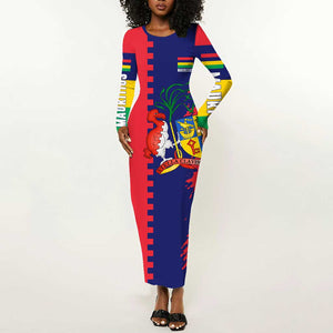 Afro Mauritius Long Sleeve Bodycon Dress Map Design with Flag Coat of Arms TS04