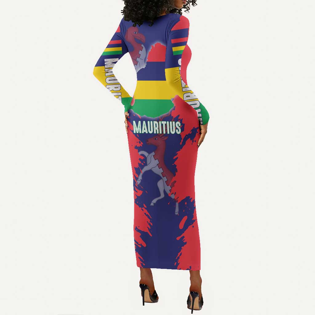 Afro Mauritius Long Sleeve Bodycon Dress Map Design with Flag Coat of Arms TS04