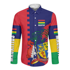 Afro Mauritius Long Sleeve Button Shirt Map Design with Flag Coat of Arms