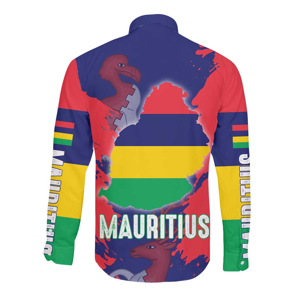 Afro Mauritius Long Sleeve Button Shirt Map Design with Flag Coat of Arms
