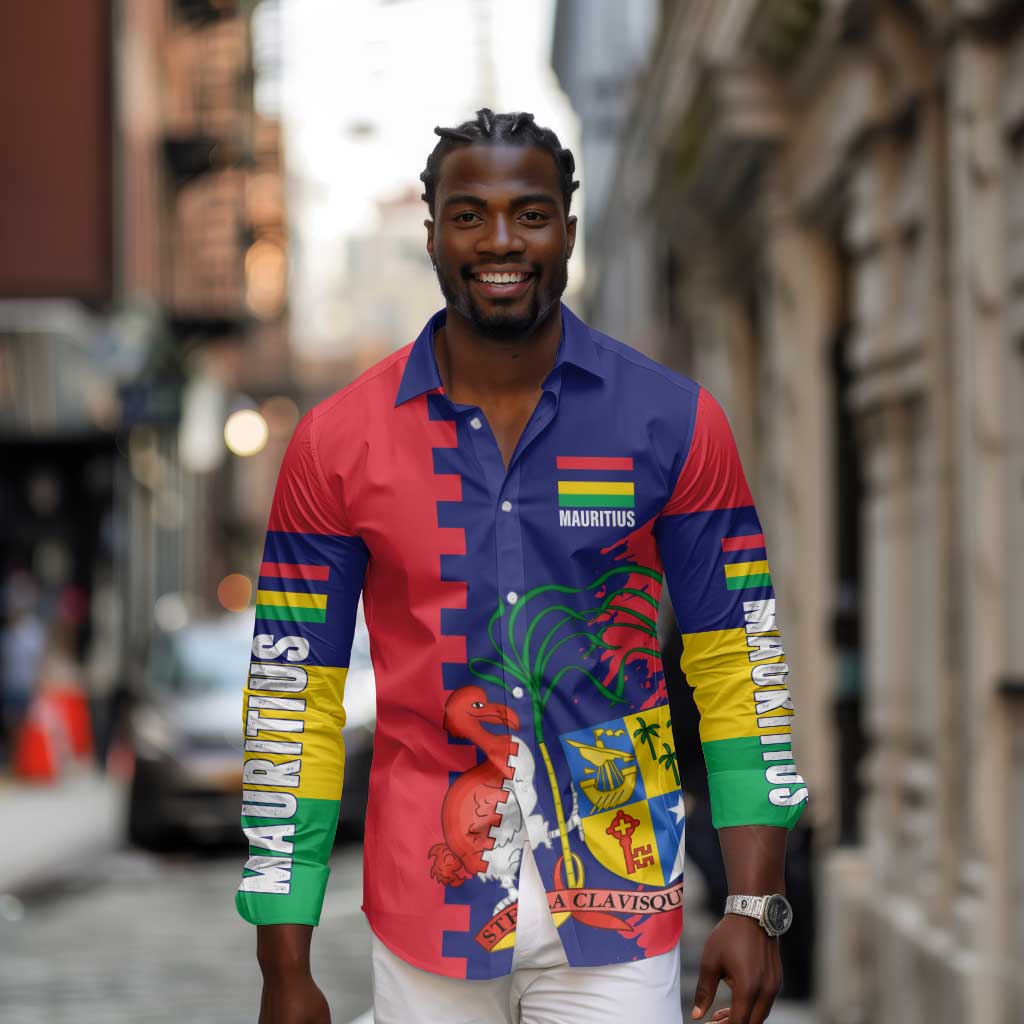 Afro Mauritius Long Sleeve Button Shirt Map Design with Flag Coat of Arms