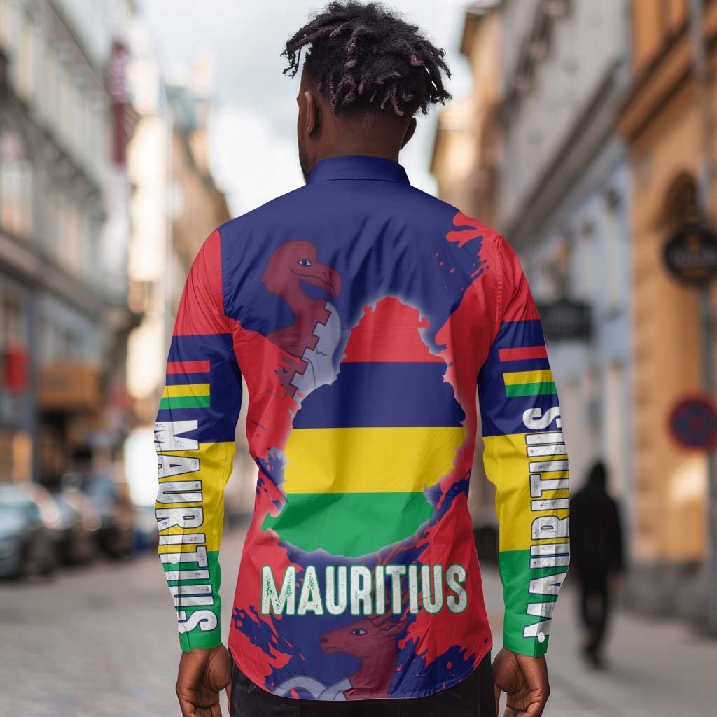 Afro Mauritius Long Sleeve Button Shirt Map Design with Flag Coat of Arms