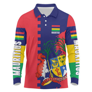 Afro Mauritius Long Sleeve Polo Shirt Map Design with Flag Coat of Arms