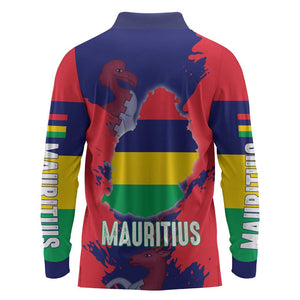 Afro Mauritius Long Sleeve Polo Shirt Map Design with Flag Coat of Arms