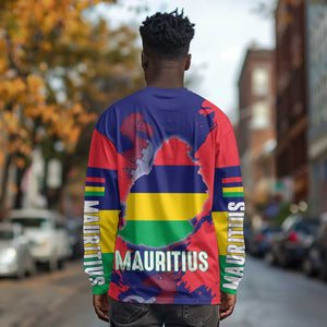 Afro Mauritius Long Sleeve Shirt Map Design with Flag Coat of Arms