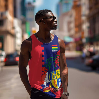 Afro Mauritius Men Tank Top Map Design with Flag Coat of Arms