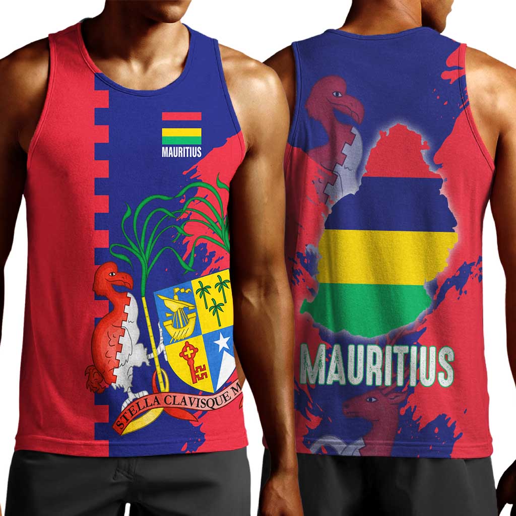 Afro Mauritius Men Tank Top Map Design with Flag Coat of Arms