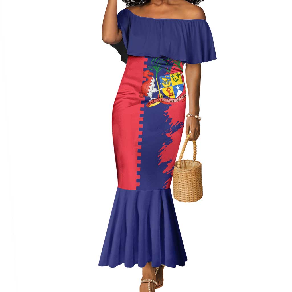 Afro Mauritius Mermaid Dress Map Design with Flag Coat of Arms