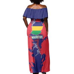 Afro Mauritius Off Shoulder Maxi Dress Map Design with Flag Coat of Arms