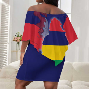 Afro Mauritius Off Shoulder Short Dress Map Design with Flag Coat of Arms