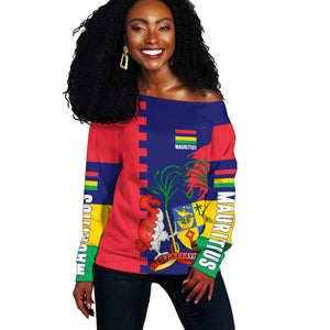 Afro Mauritius Off Shoulder Sweater Map Design with Flag Coat of Arms