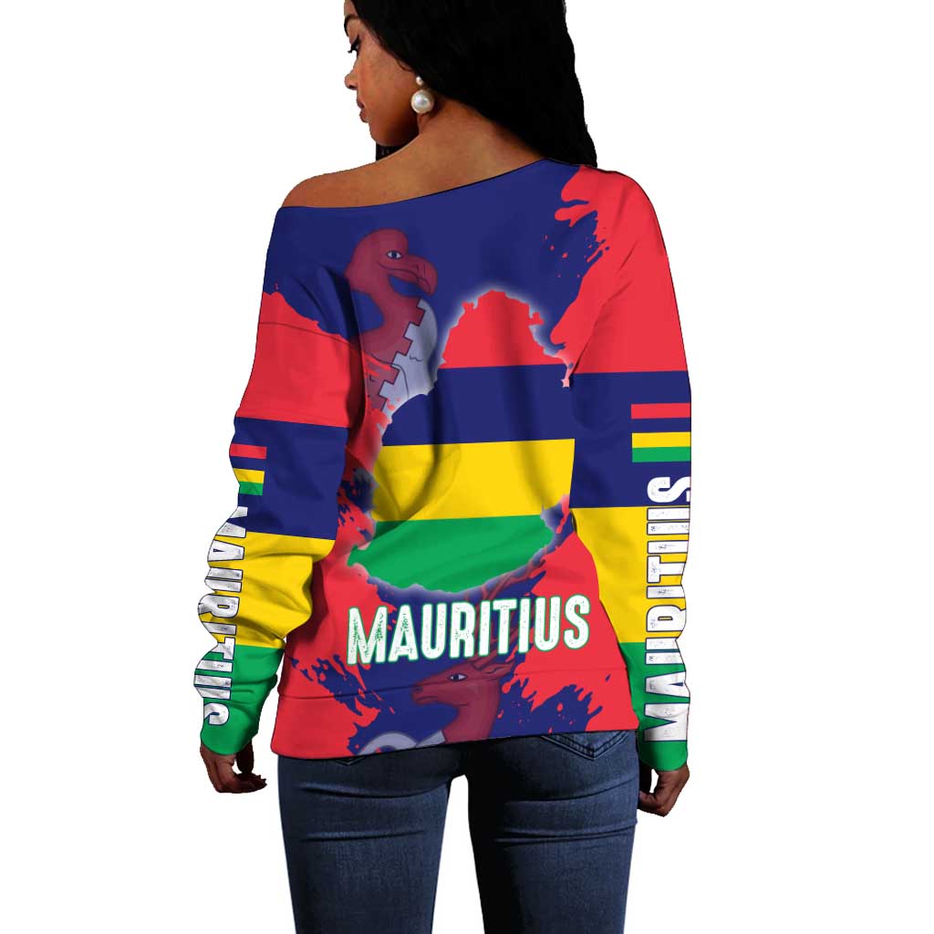 Afro Mauritius Off Shoulder Sweater Map Design with Flag Coat of Arms