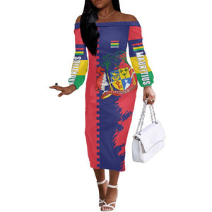 Afro Mauritius Off The Shoulder Long Sleeve Dress Map Design with Flag Coat of Arms